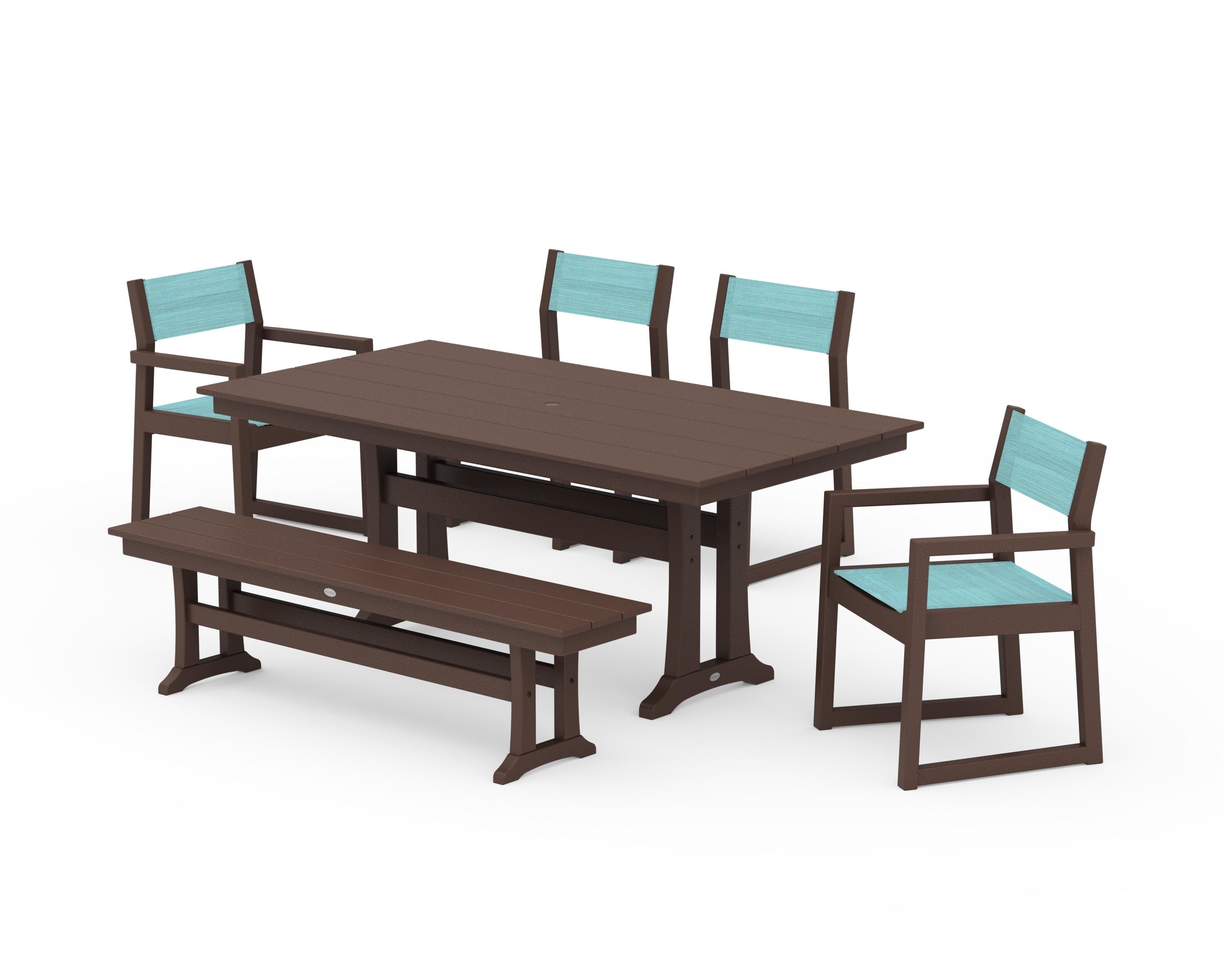POLYWOOD® EDGE Sling 6-Piece Farmhouse Dining Set With Trestle Legs in Mahogany / Dupioni Aquamarine Sling