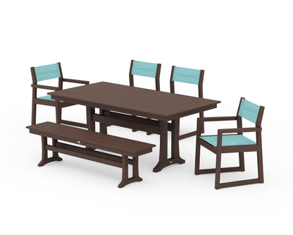 POLYWOOD® EDGE Sling 6-Piece Farmhouse Dining Set With Trestle Legs in Mahogany / Dupioni Aquamarine Sling