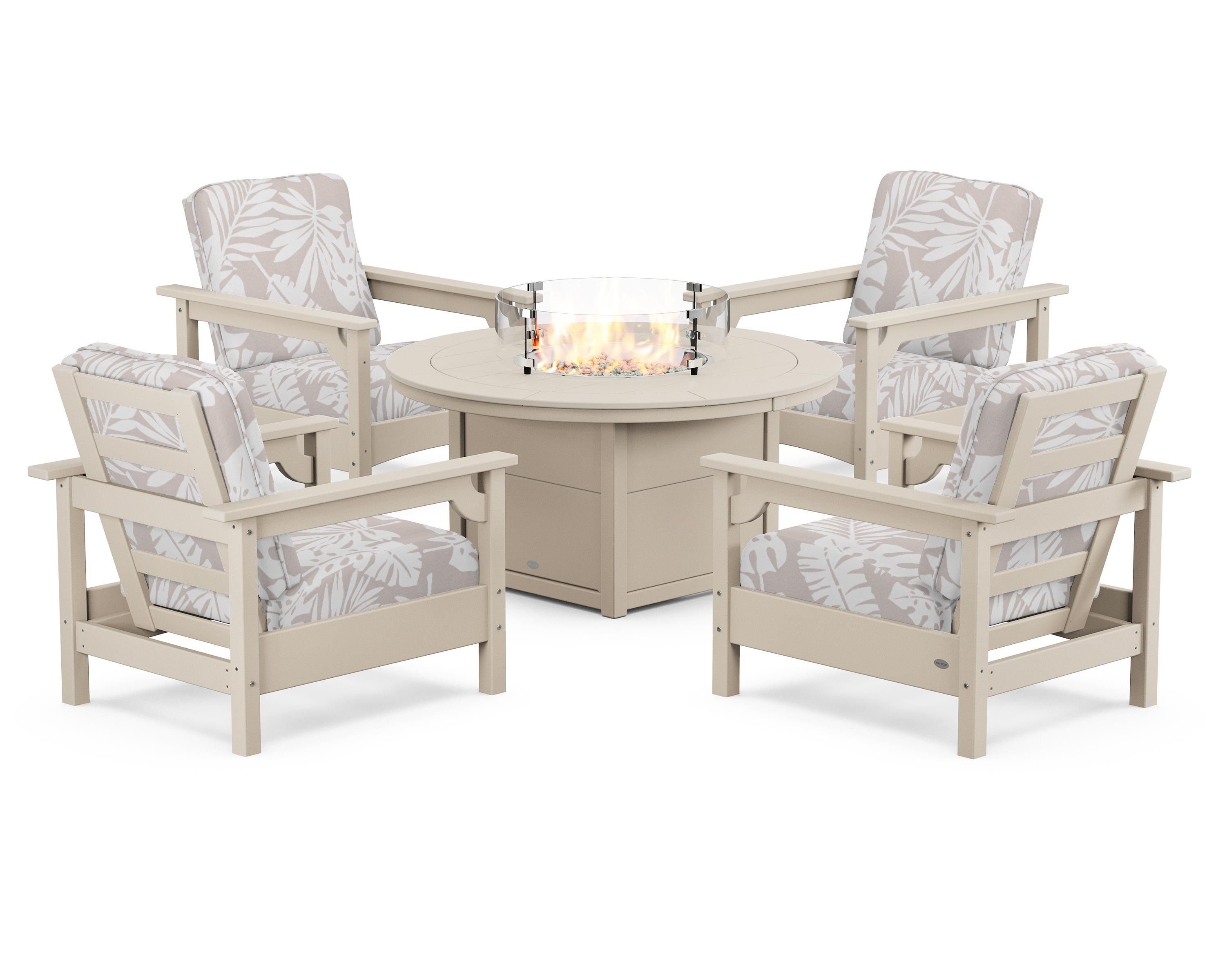 POLYWOOD® Club 5-Piece Conversation Set with Fire Pit Table in Sand / Leaf Dune Burlap
