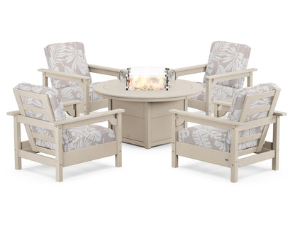 POLYWOOD® Club 5-Piece Conversation Set with Fire Pit Table in Sand / Leaf Dune Burlap
