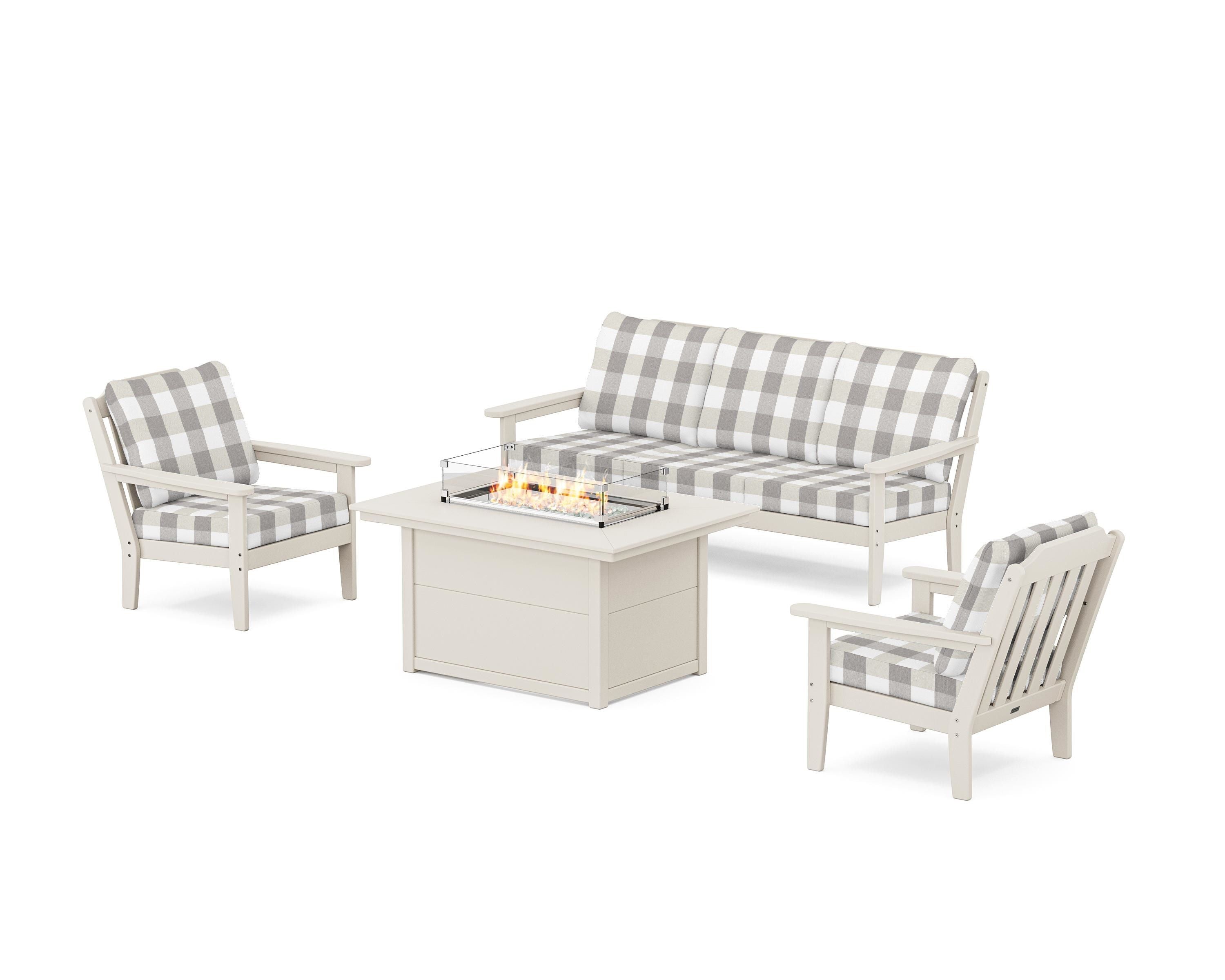 Country Living Cottage Deep Seating Fire Pit Table Set in Sand / Buffalo Plaid Grey Mist