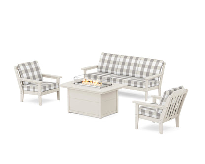 Country Living Cottage Deep Seating Fire Pit Table Set in Sand / Buffalo Plaid Grey Mist