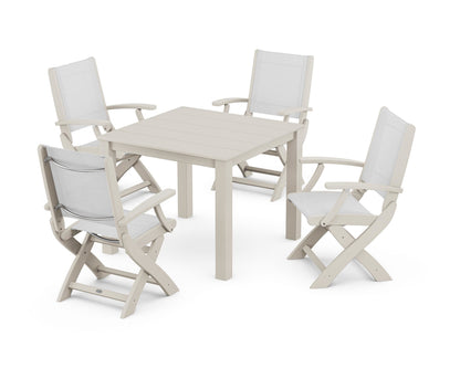 POLYWOOD® Coastal Folding Chair 5-Piece Parsons Dining Set in Sand / White Sling
