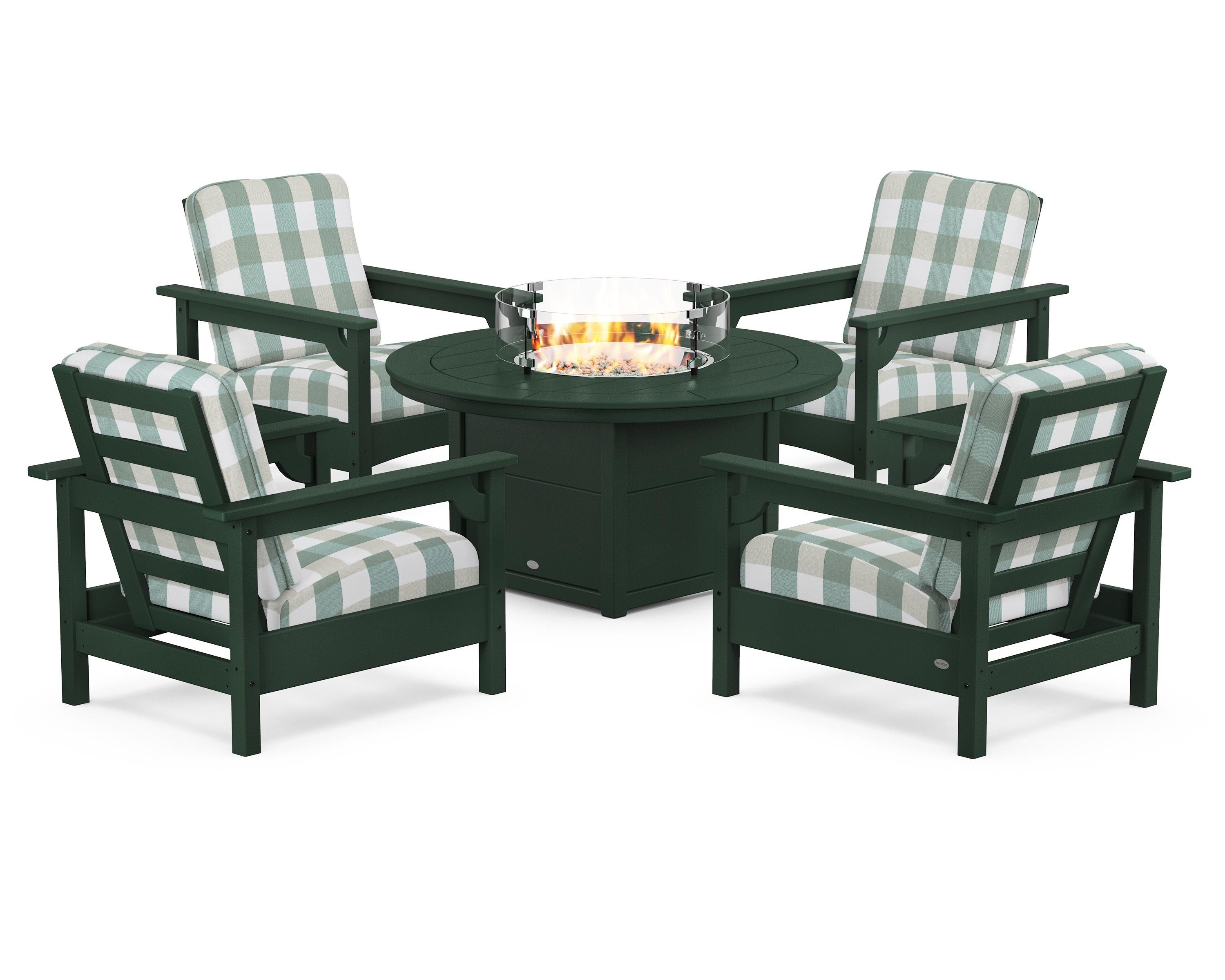 POLYWOOD® Club 5-Piece Conversation Set with Fire Pit Table in Green / Buffalo Plaid Glacier Spa