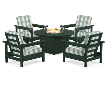 POLYWOOD® Club 5-Piece Conversation Set with Fire Pit Table in Green / Buffalo Plaid Glacier Spa