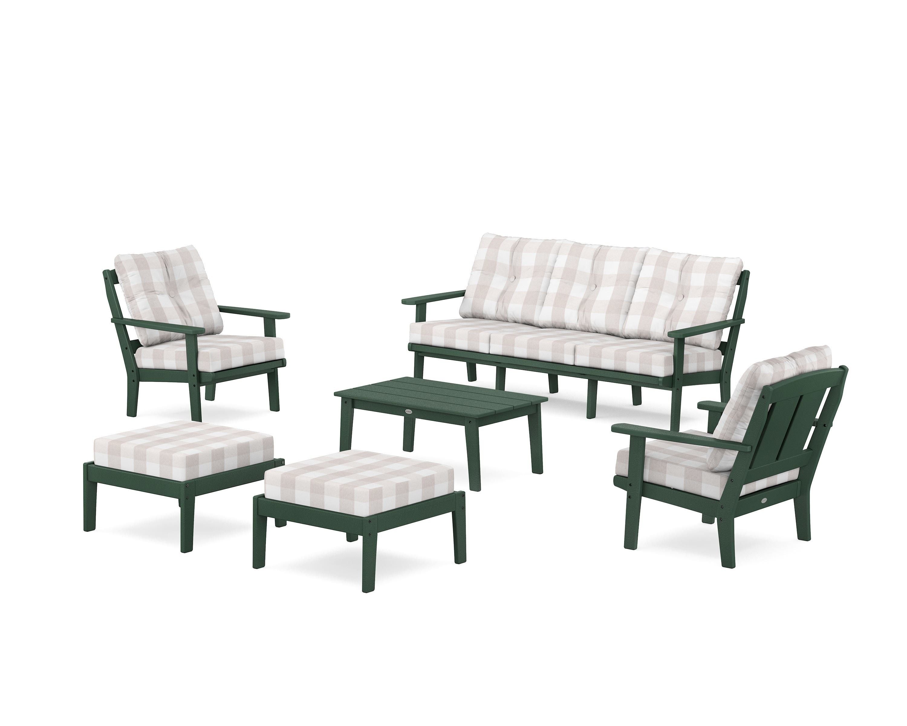 POLYWOOD® Mission 6-Piece Lounge Sofa Set in Green / Buffalo Plaid Dune Burlap