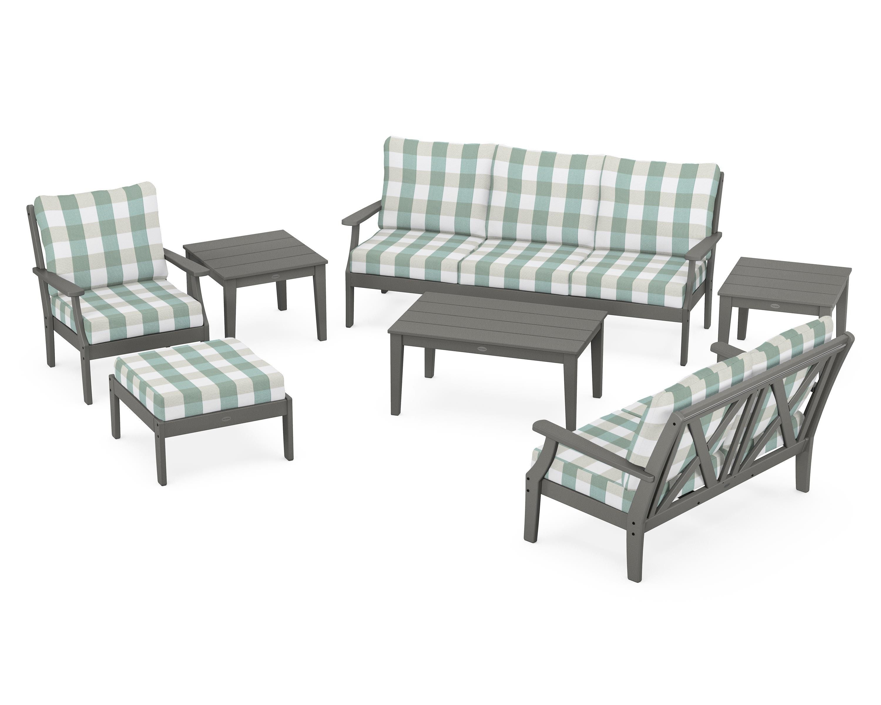 POLYWOOD® Braxton 7-Piece Deep Seating Set in Slate Grey / Buffalo Plaid Glacier Spa