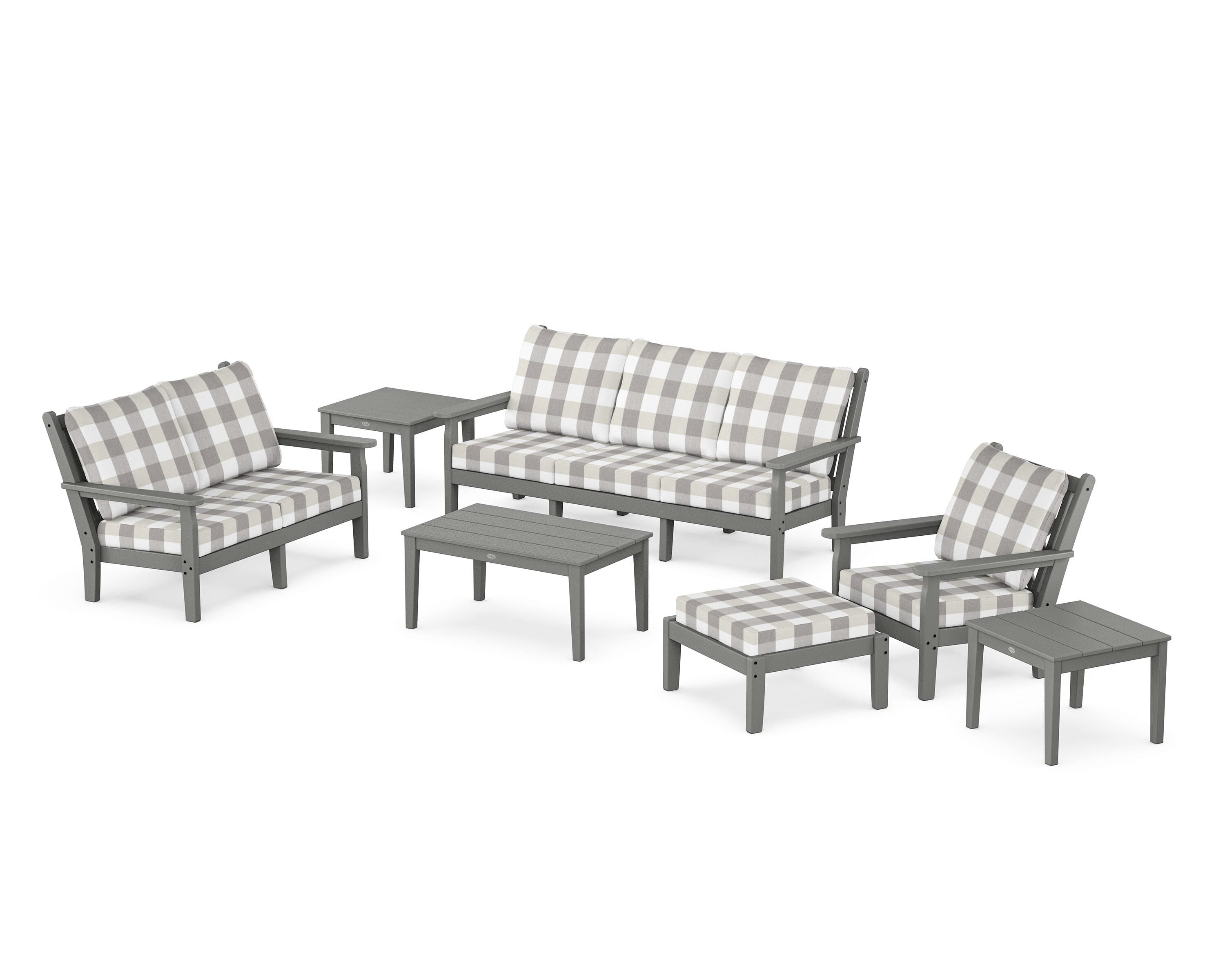 POLYWOOD® Chippendale 7-Piece Deep Seating Set in Slate Grey / Buffalo Plaid Grey Mist