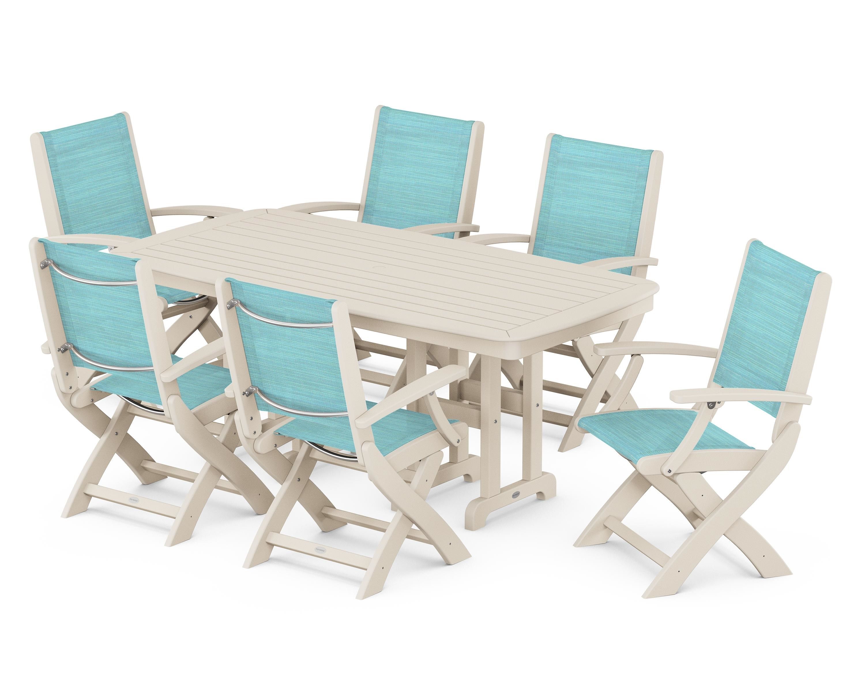 POLYWOOD® Coastal Folding Arm Chair 7-Piece Dining Set in Sand / Dupioni Aquamarine Sling