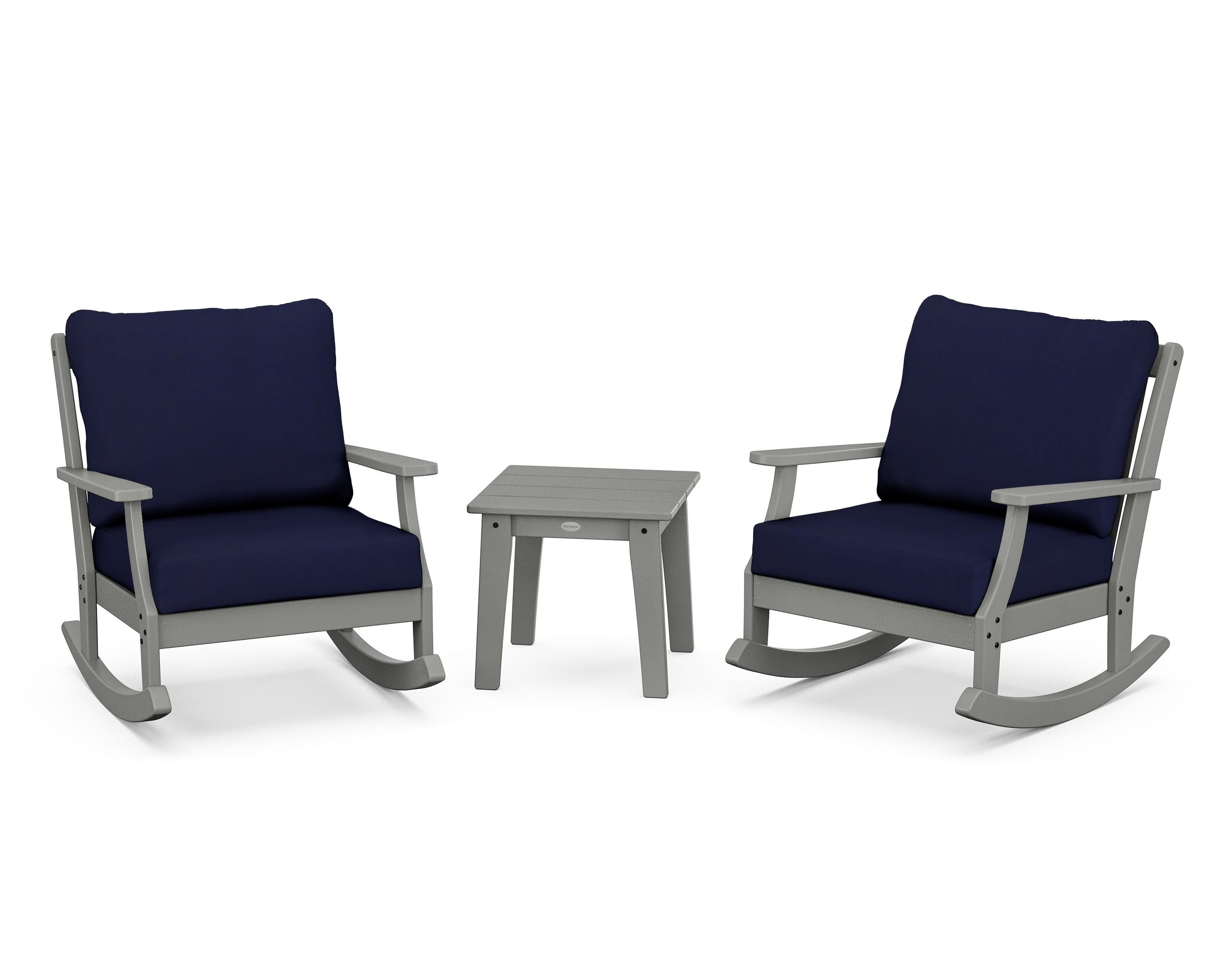 POLYWOOD® Braxton 3-Piece Deep Seating Rocker Set in Slate Grey / Navy
