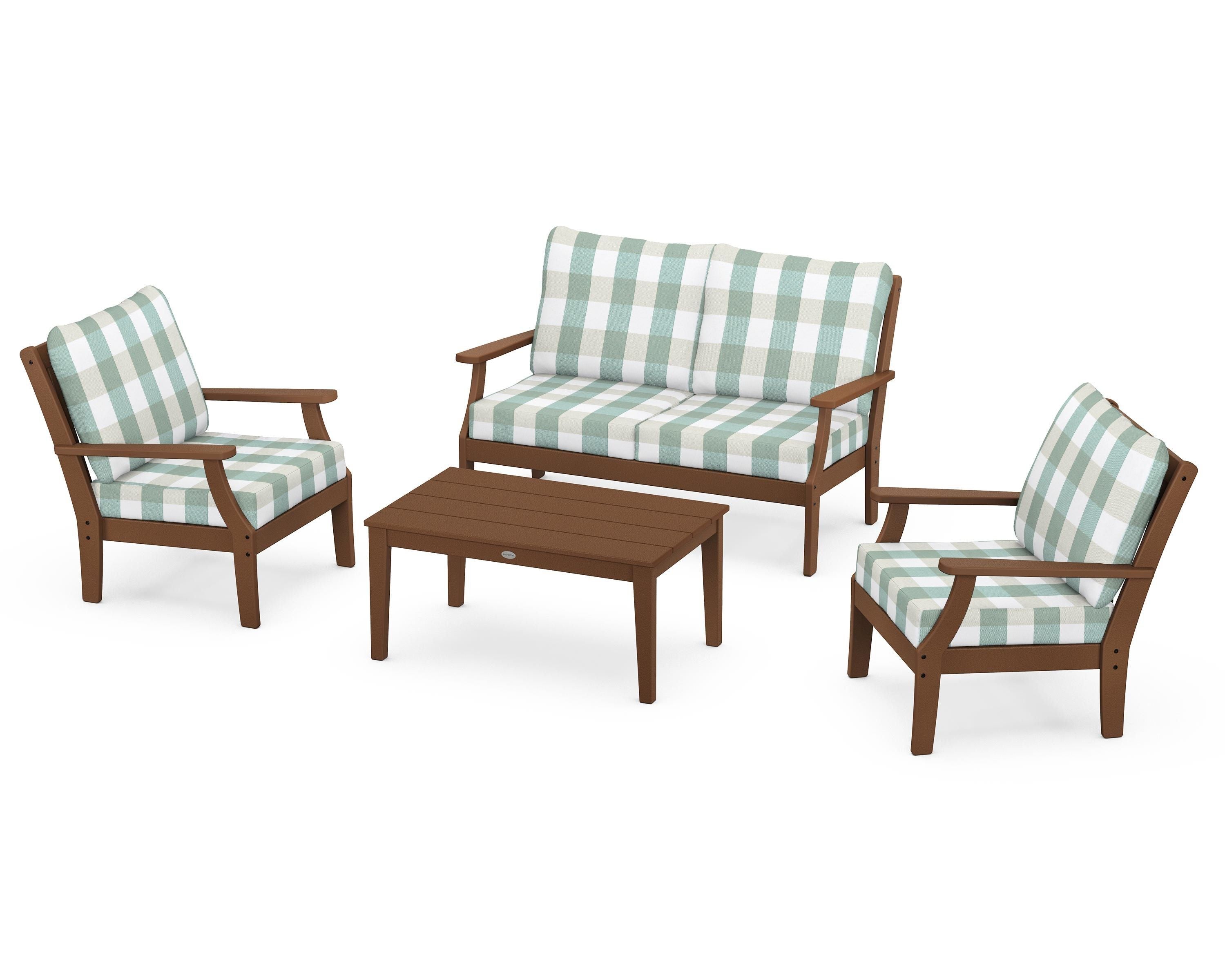 POLYWOOD® Braxton 4-Piece Deep Seating Chair Set in Teak / Buffalo Plaid Glacier Spa
