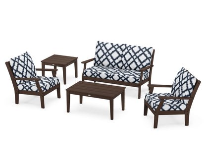 POLYWOOD® Braxton 5-Piece Deep Seating Set in Mahogany / Trellis Marine Indigo