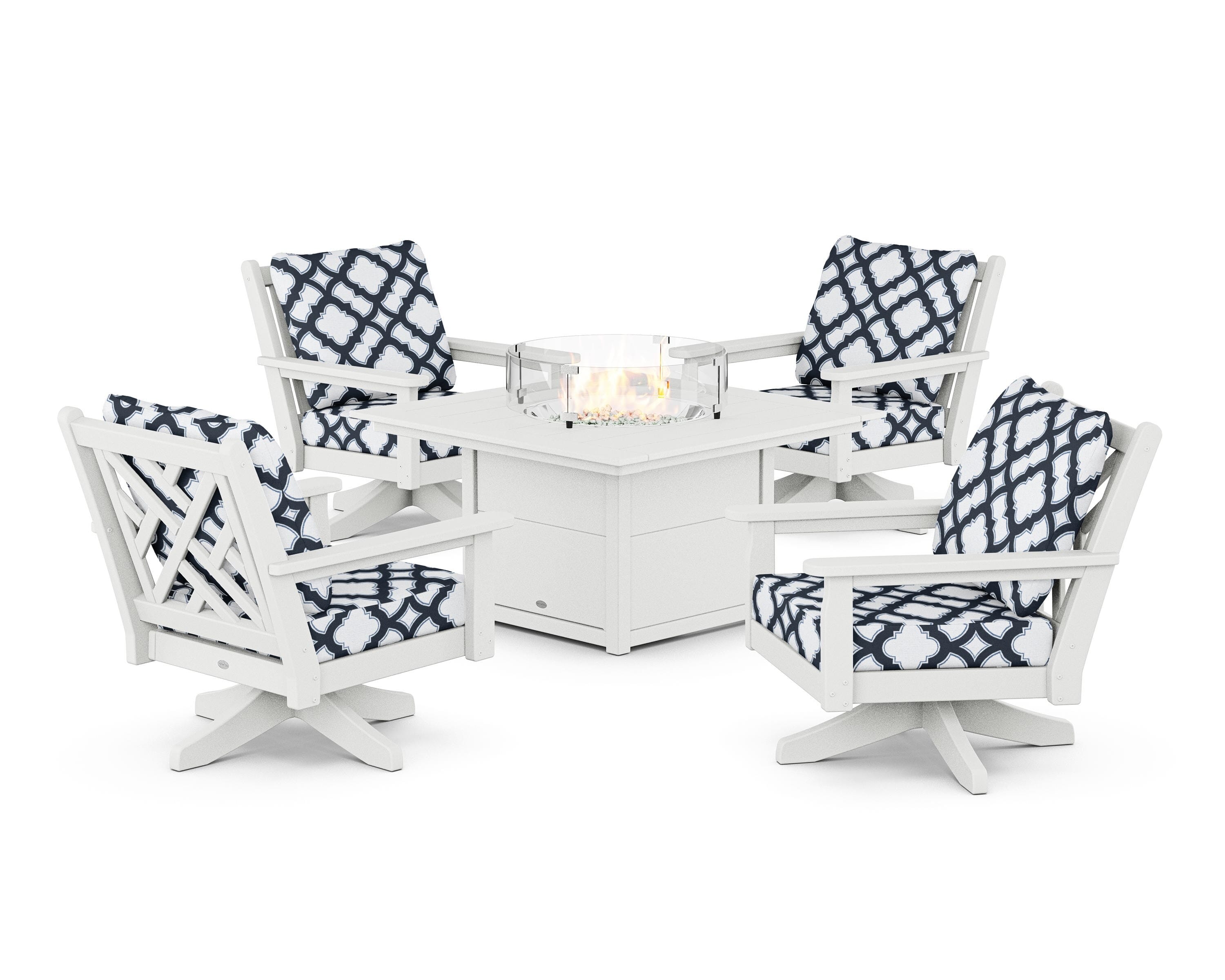 POLYWOOD® Chippendale 5-Piece Deep Seating Swivel Conversation Set with Fire Pit Table in White / Trellis Marine Indigo