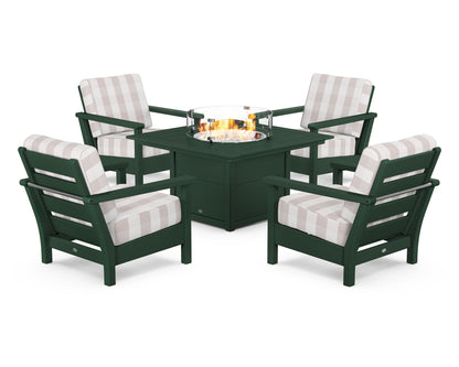POLYWOOD® Harbour 5-Piece Conversation Set with Fire Pit Table in Green / Buffalo Plaid Dune Burlap