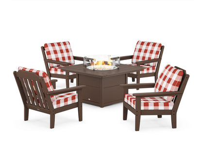 Country Living Cottage 5-Piece Deep Seating Set with Fire Pit Table in Mahogany / Buffalo Plaid Crimson