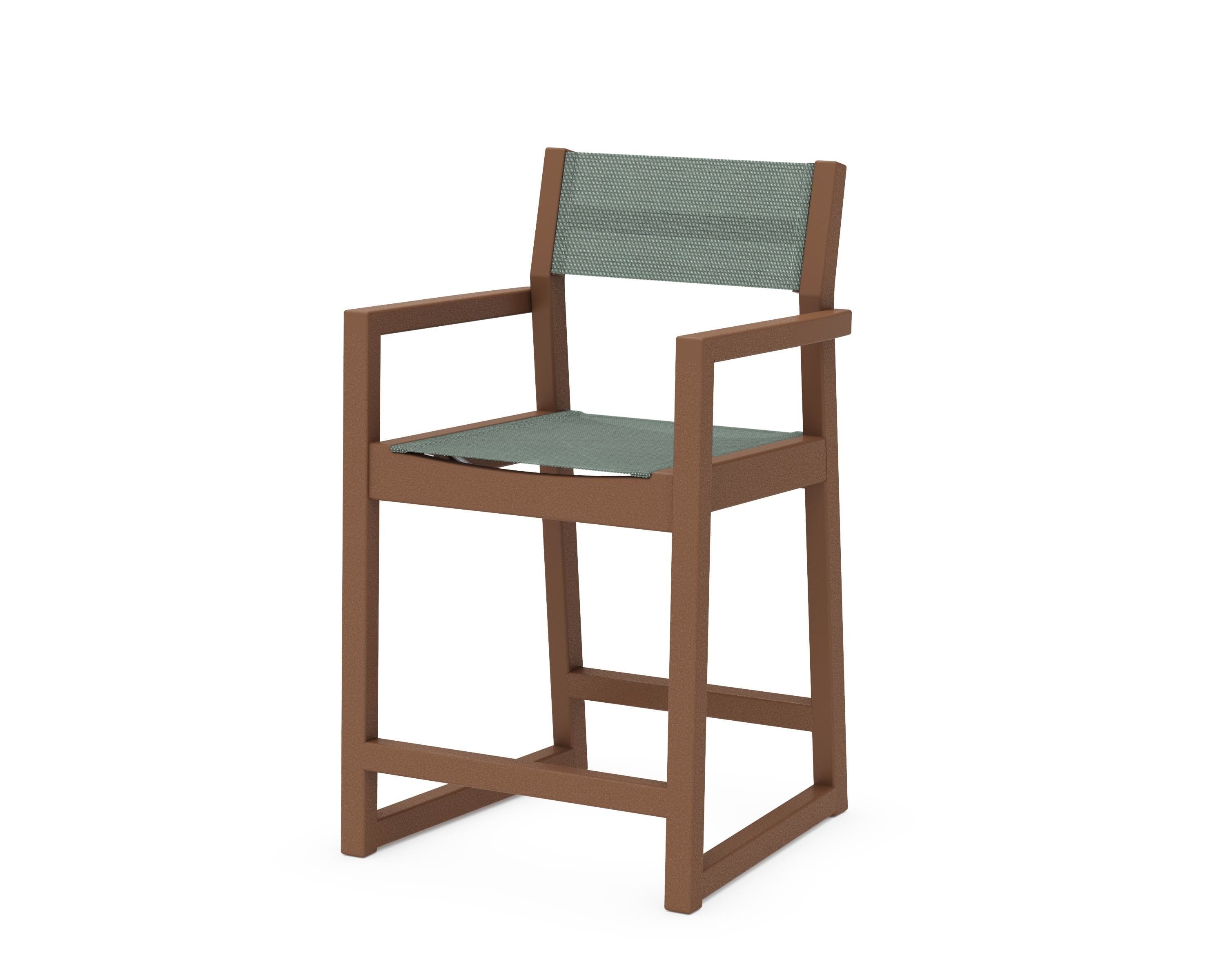 POLYWOOD® EDGE Sling Counter Arm Chair in Teak / Dupioni Sea Mist Sling