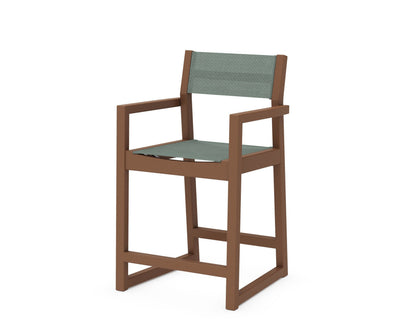POLYWOOD® EDGE Sling Counter Arm Chair in Teak / Dupioni Sea Mist Sling