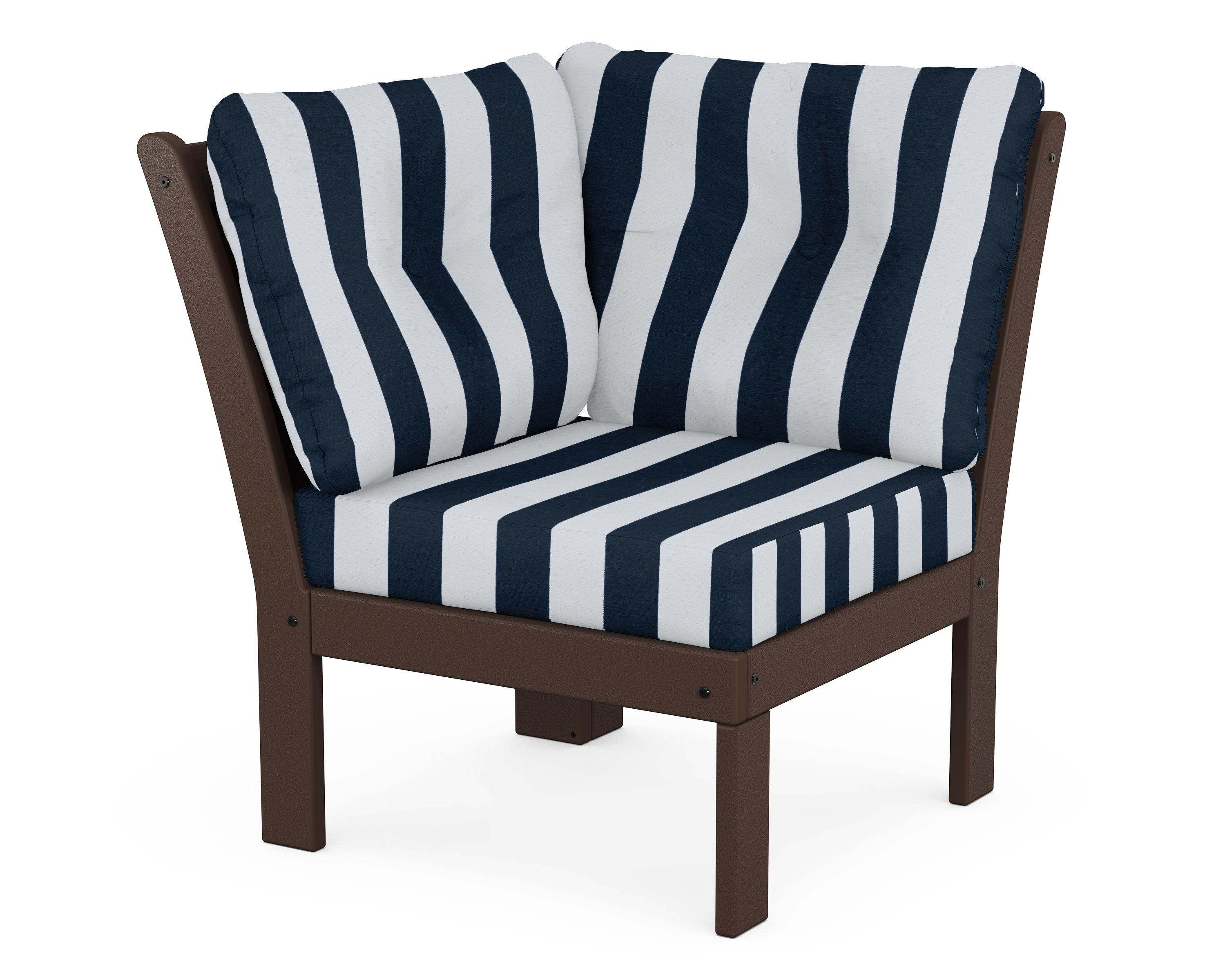 POLYWOOD® Vineyard Modular Corner Chair in Mahogany / Cabana Stripe Marine Indigo