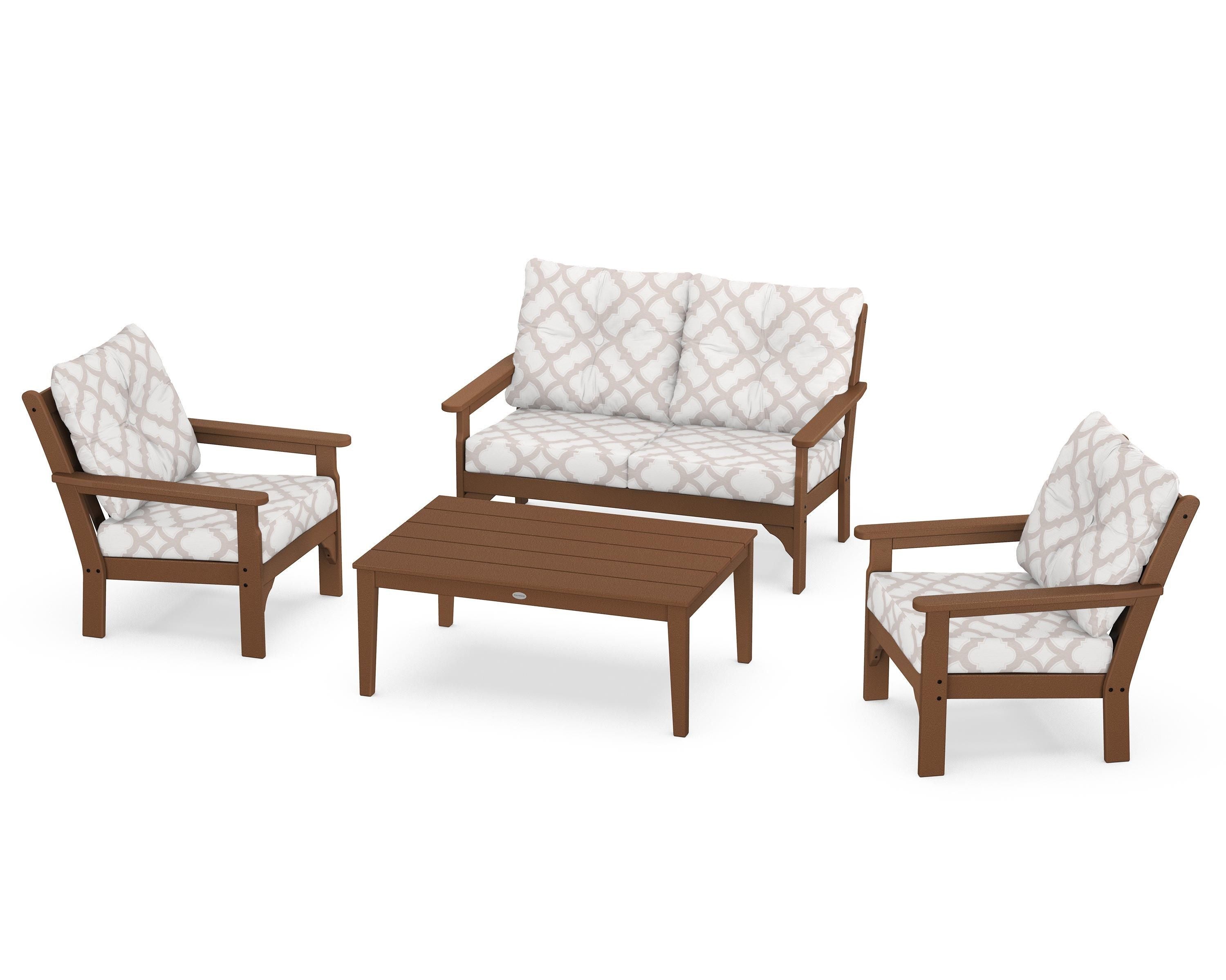 POLYWOOD® Vineyard 4-Piece Deep Seating Set in Teak / Trellis Dune Burlap