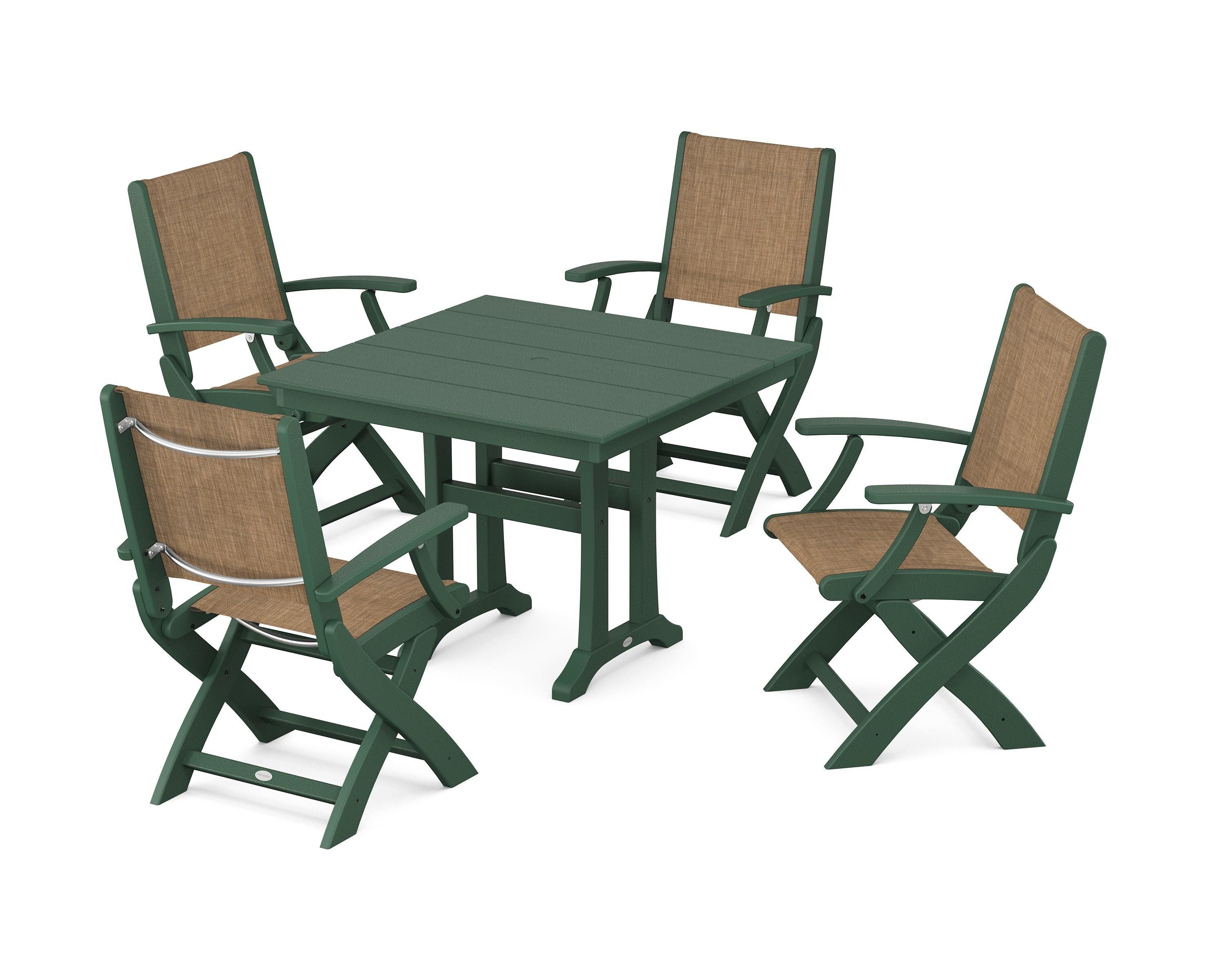 POLYWOOD® Coastal Folding Chair 5-Piece Farmhouse Dining Set With Trestle Legs in Green / Burlap Sling
