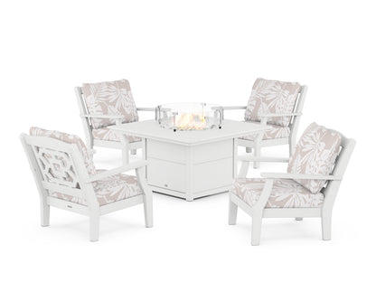 Martha Stewart by POLYWOOD® Chinoiserie 5-Piece Deep Seating Set with Fire Pit Table in White / Leaf Dune Burlap