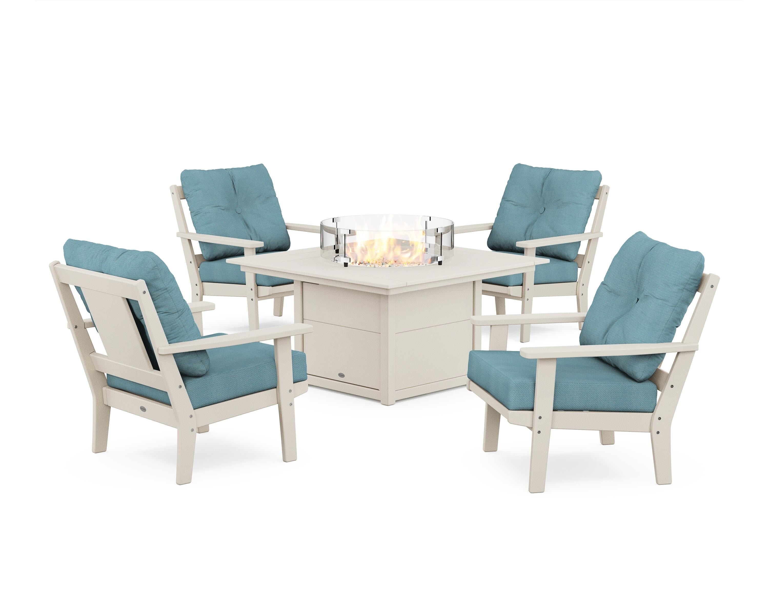 POLYWOOD® Prairie 5-Piece Deep Seating Set with Fire Pit Table in Sand / Lattice Sky Blue