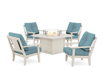 POLYWOOD® Prairie 5-Piece Deep Seating Set with Fire Pit Table in Sand / Lattice Sky Blue