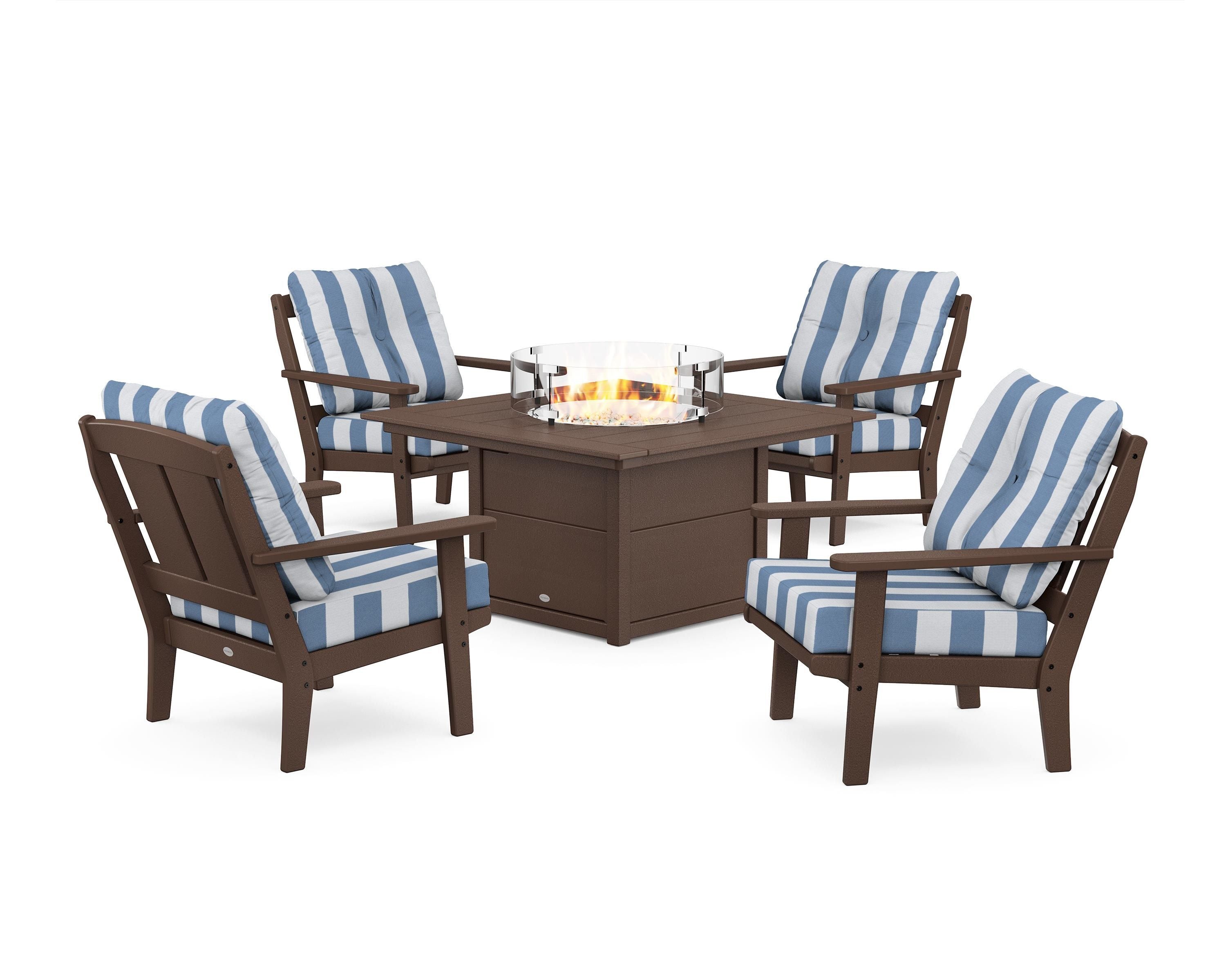 POLYWOOD® Mission 5-Piece Deep Seating Set with Fire Pit Table in Mahogany / Cabana Stripe Sky Blue