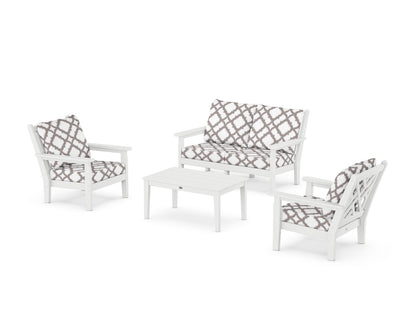 POLYWOOD® Chippendale 4-Piece Deep Seating Set with Loveseat in White / Trellis Grey Mist