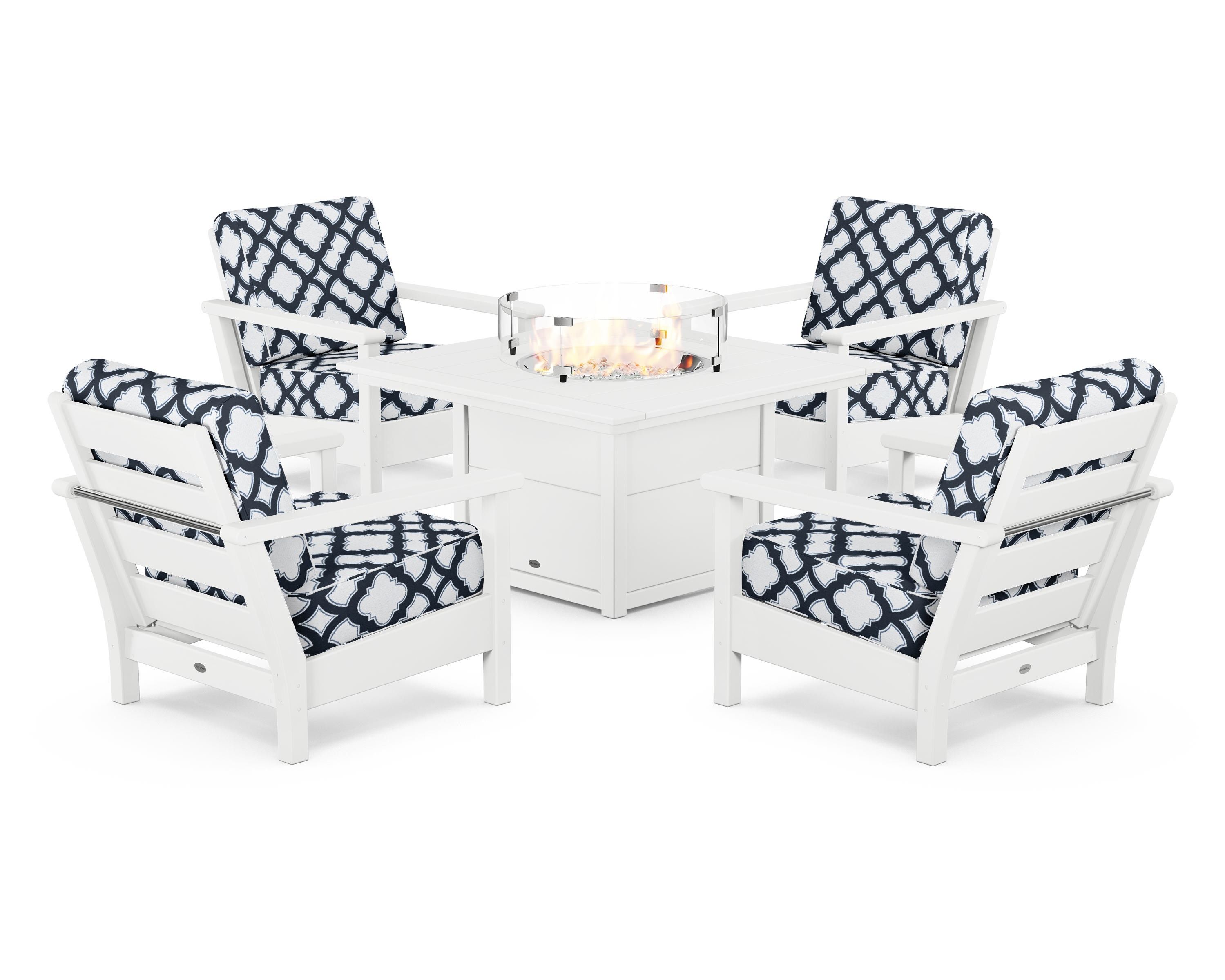 POLYWOOD® Harbour 5-Piece Conversation Set with Fire Pit Table in White / Trellis Marine Indigo