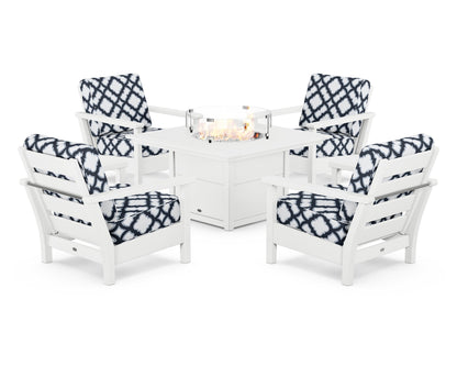 POLYWOOD® Harbour 5-Piece Conversation Set with Fire Pit Table in White / Trellis Marine Indigo