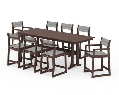 POLYWOOD® EDGE Sling 9-Piece Farmhouse Counter Set with Trestle Legs in Mahogany / Metallic Sling