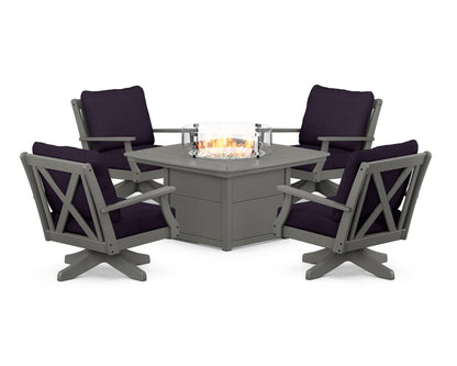 POLYWOOD® Braxton 5-Piece Deep Seating Swivel Conversation Set with Fire Pit Table in Slate Grey / Navy Linen