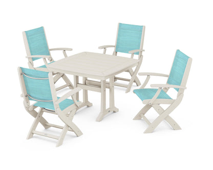 POLYWOOD® Coastal Folding Chair 5-Piece Dining Set with Trestle Legs in Sand / Dupioni Aquamarine Sling