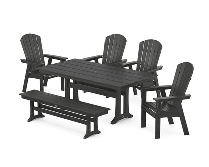 POLYWOOD® Nautical Curveback Adirondack 6-Piece Farmhouse Dining Set with Trestle Legs and Bench in Black
