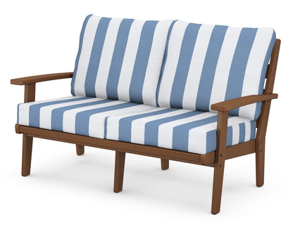POLYWOOD® Grant Park Deep Seating Loveseat in Teak / Cabana Stripe Sky Blue