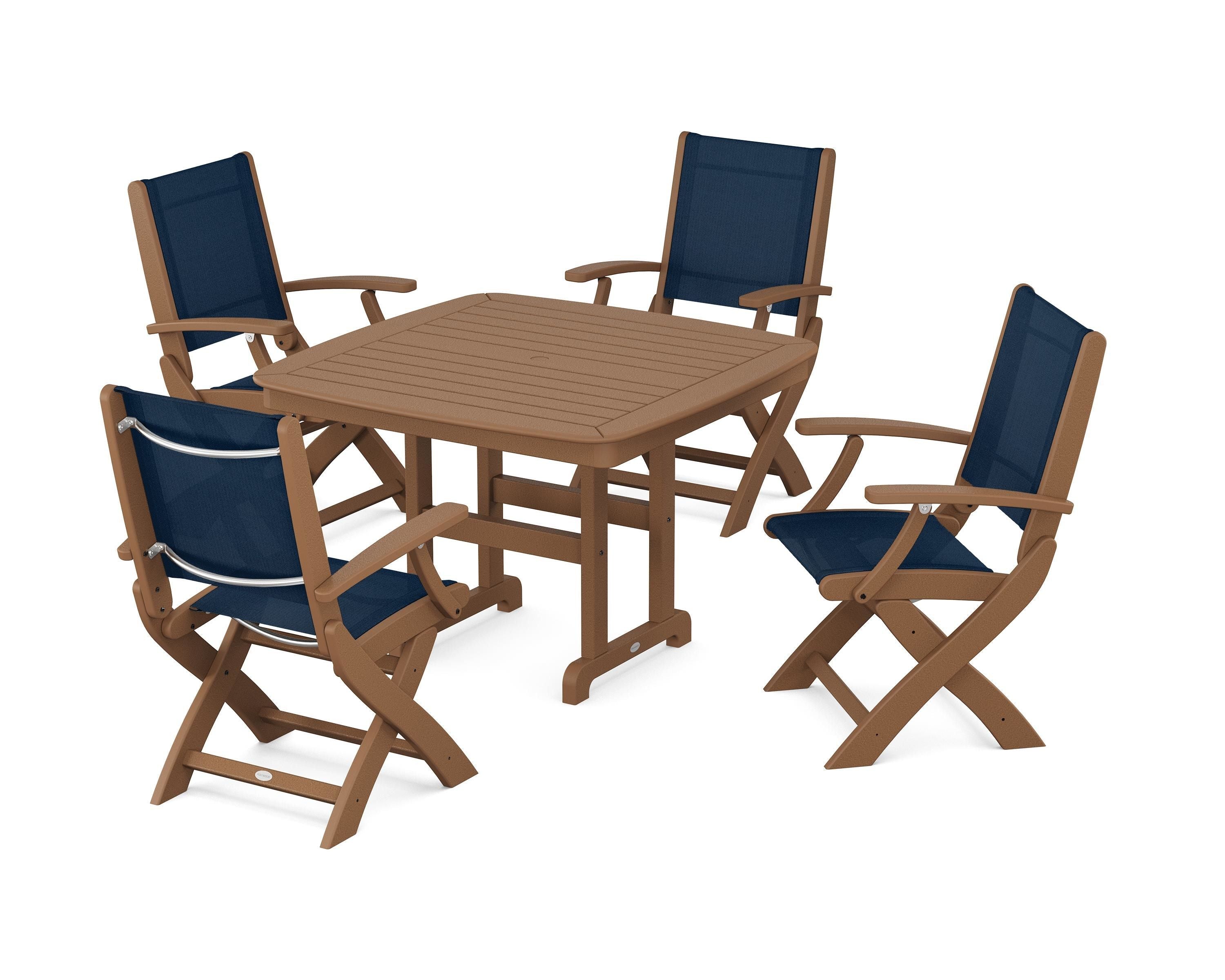 POLYWOOD® Coastal Folding Chair 5-Piece Dining Set in Teak / Navy Blue Sling