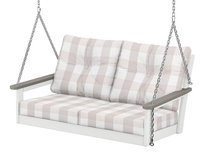 POLYWOOD® Vineyard Deep Seating Swing in White / Driftwood / Buffalo Plaid Dune Burlap
