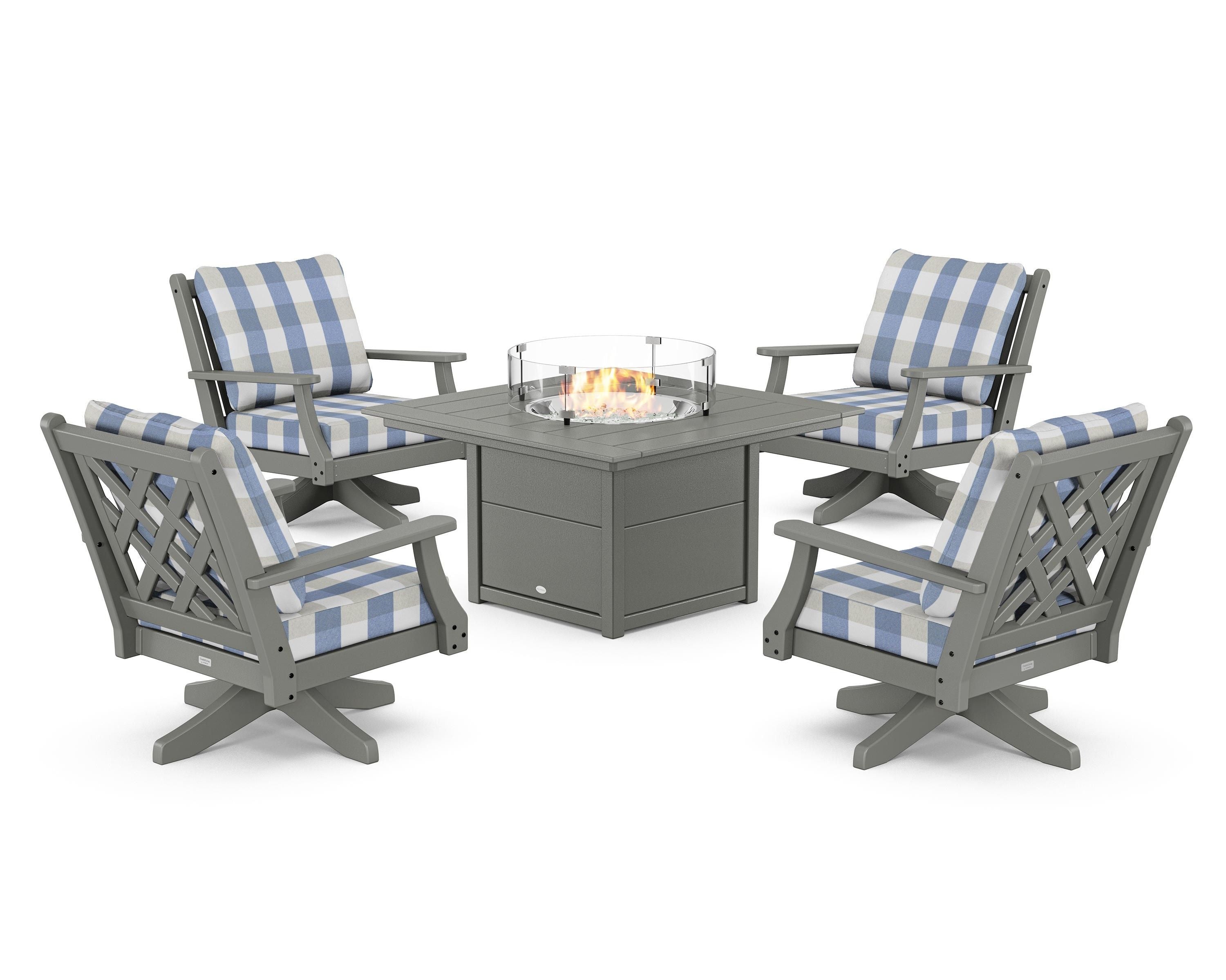 Country Living Wovendale 5-Piece Deep Seating Swivel Conversation Set with Fire Pit Table in Slate Grey / Buffalo Plaid Sky Blue
