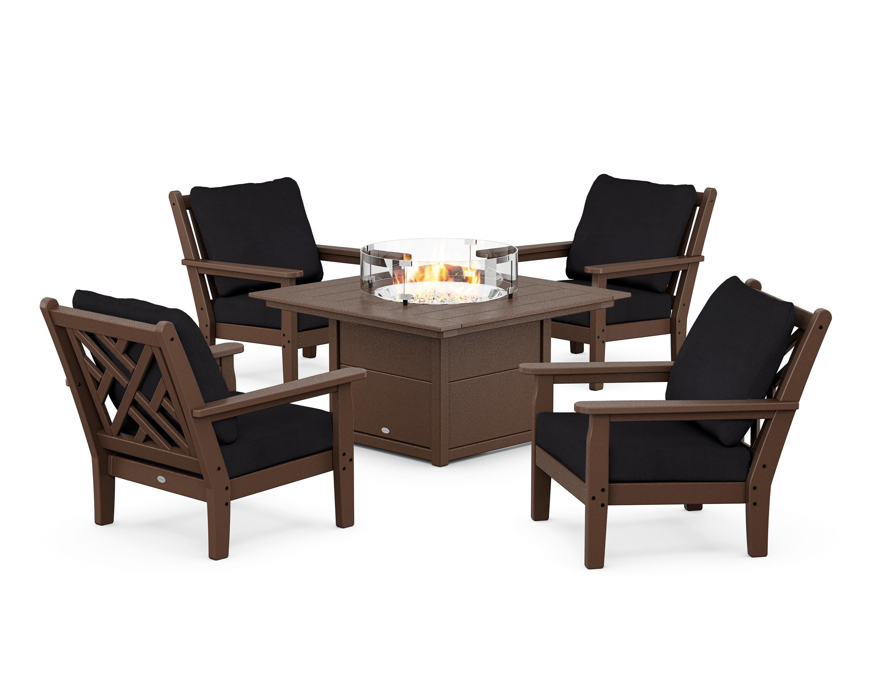 POLYWOOD® Chippendale 5-Piece Deep Seating Set with Fire Pit Table in Mahogany / Midnight Linen