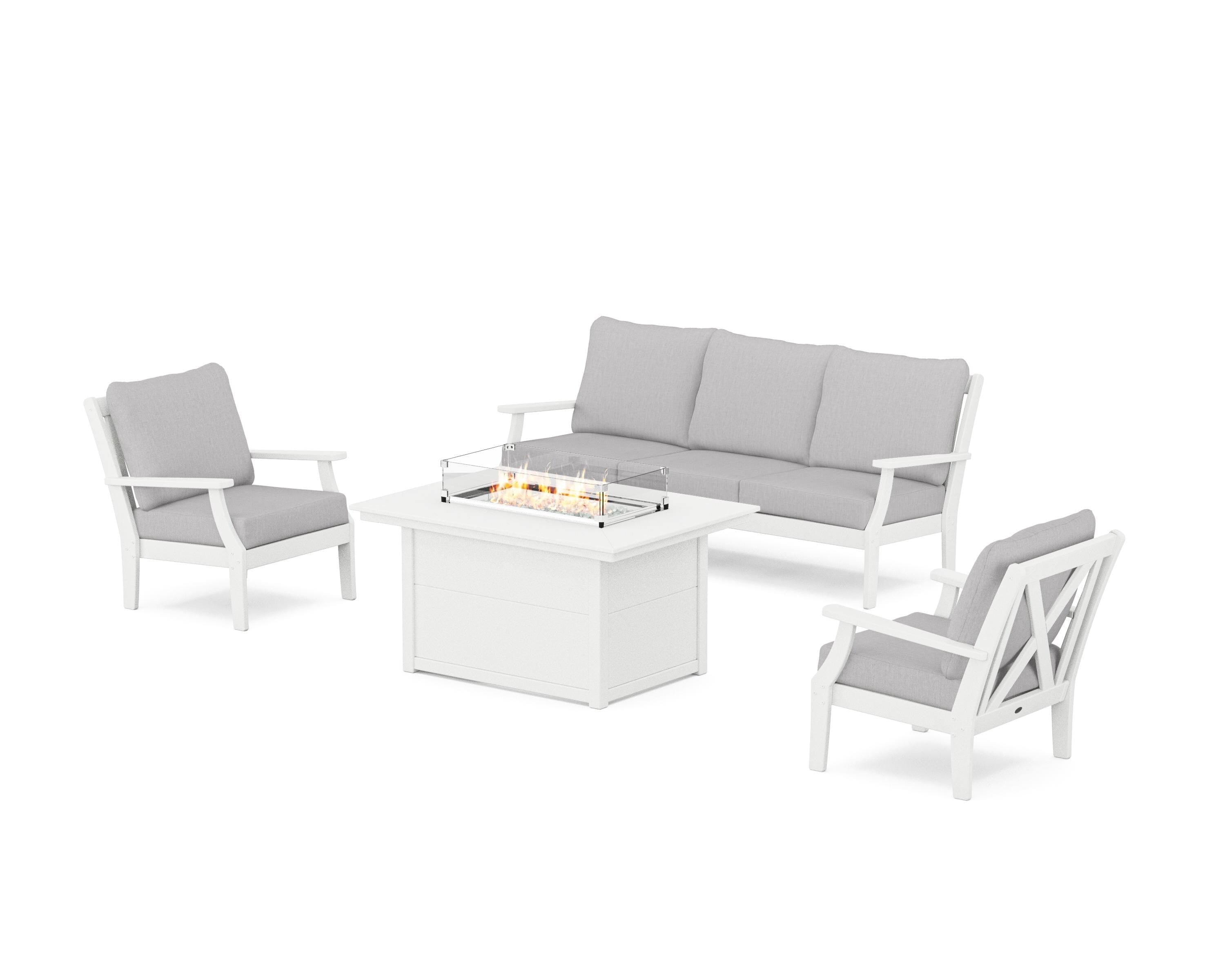 POLYWOOD® Braxton Deep Seating Fire Pit Table Set in White / Granite