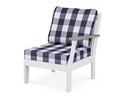 POLYWOOD® Braxton Modular Right Arm Chair in White / Driftwood / Buffalo Plaid Navy