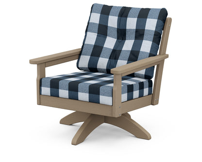 POLYWOOD® Vineyard Deep Seating Swivel Chair in Vintage Sahara / Buffalo Plaid Marine Indigo