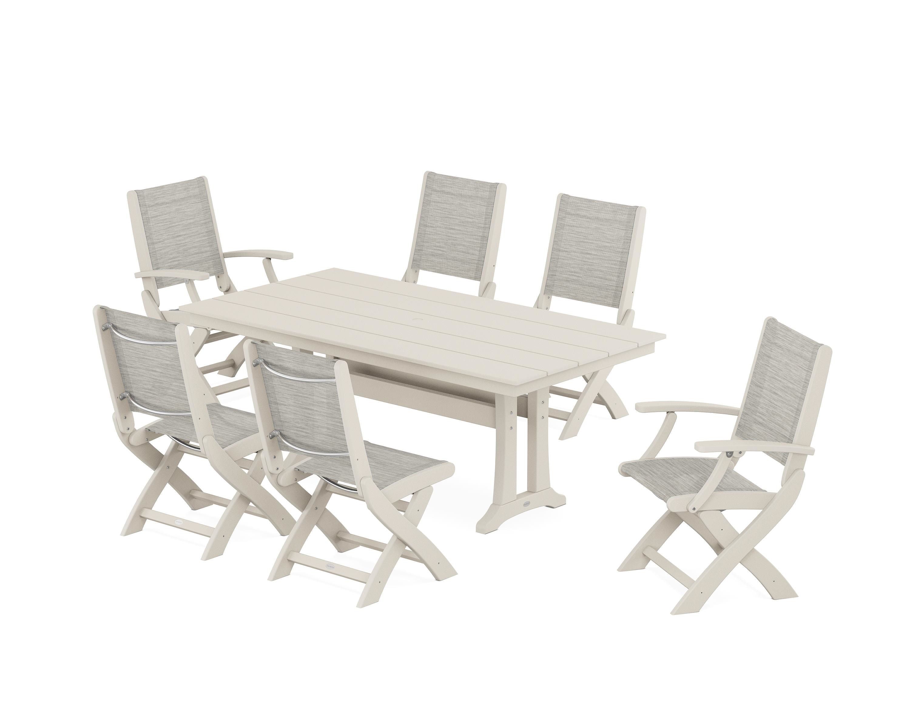 POLYWOOD® Coastal Folding Chair 7-Piece Farmhouse Dining Set with Trestle Legs in Sand / Birch Sling