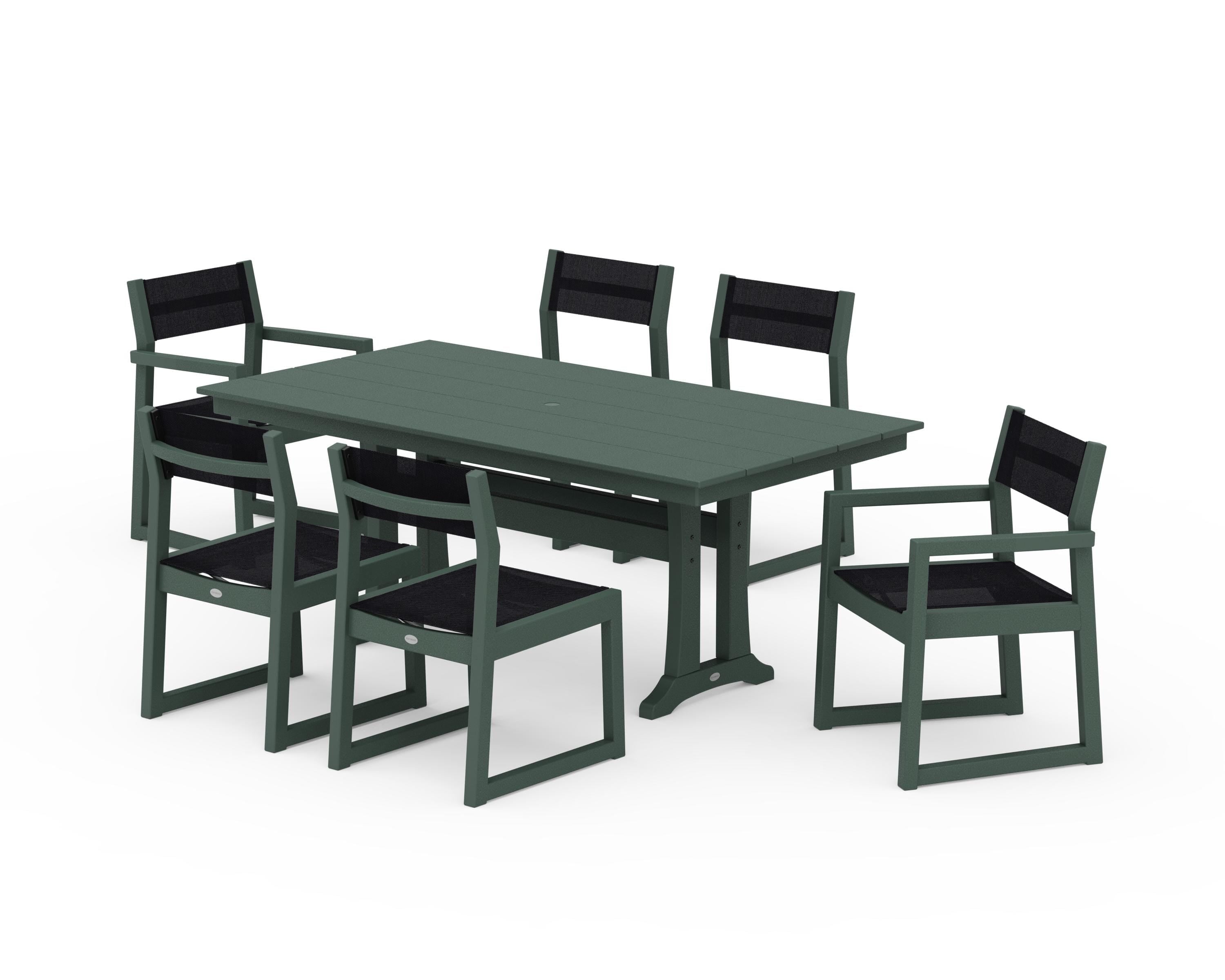 POLYWOOD® EDGE Sling 7-Piece Farmhouse Trestle Dining Set in Green / Black Sling
