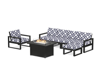 POLYWOOD® EDGE Sectional Lounge and Fire Pit Set in Black / Trellis Navy