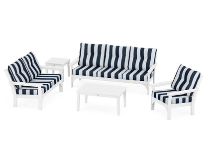 POLYWOOD® Vineyard 5 Piece Deep Seating Set in White / Cabana Stripe Marine Indigo