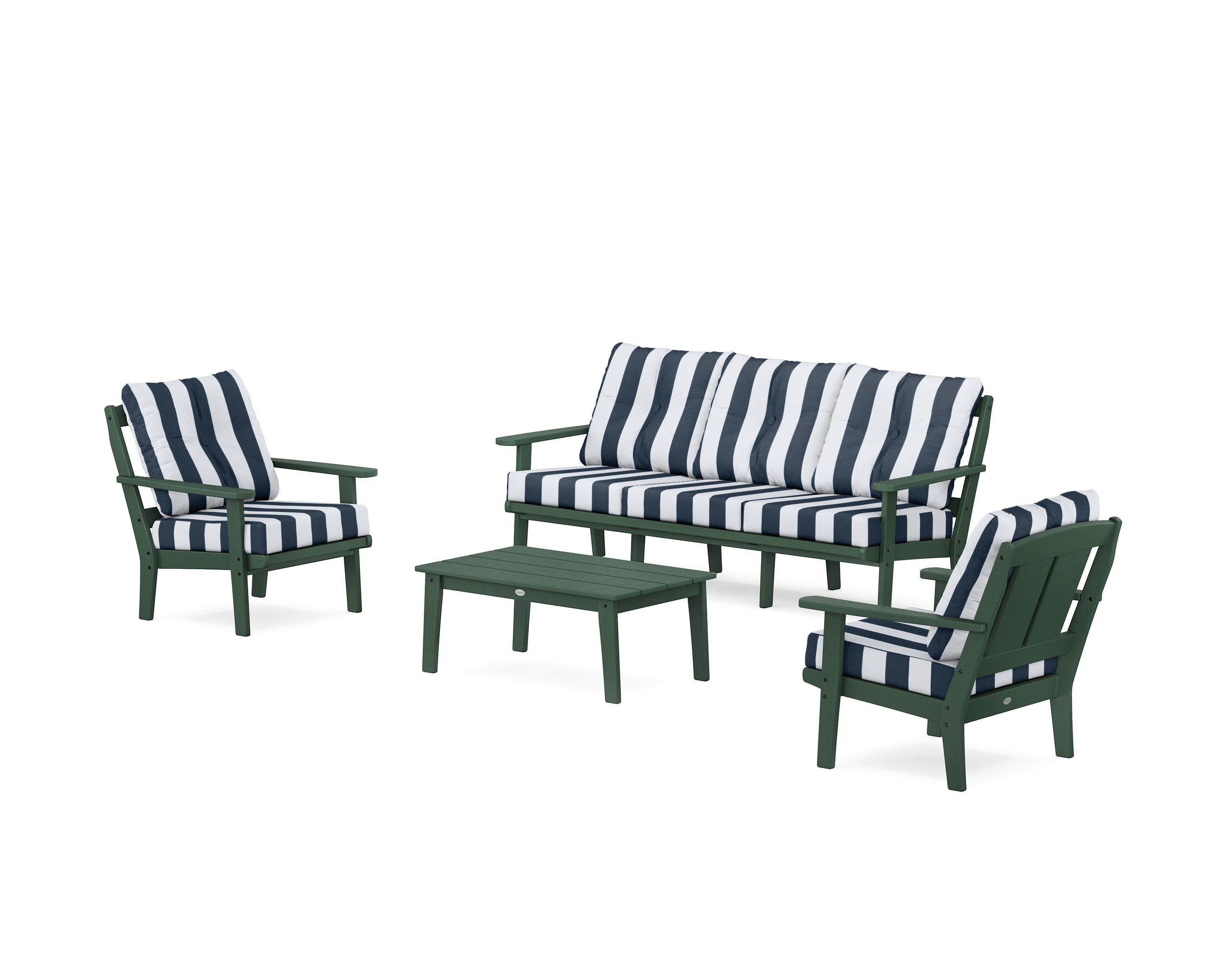 POLYWOOD® Mission 4-Piece Deep Seating Set with Sofa in Green / Cabana Stripe Marine Indigo