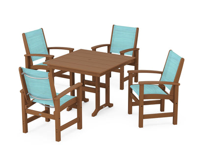 POLYWOOD® Coastal 5-Piece Farmhouse Dining Set in Teak / Dupioni Aquamarine Sling