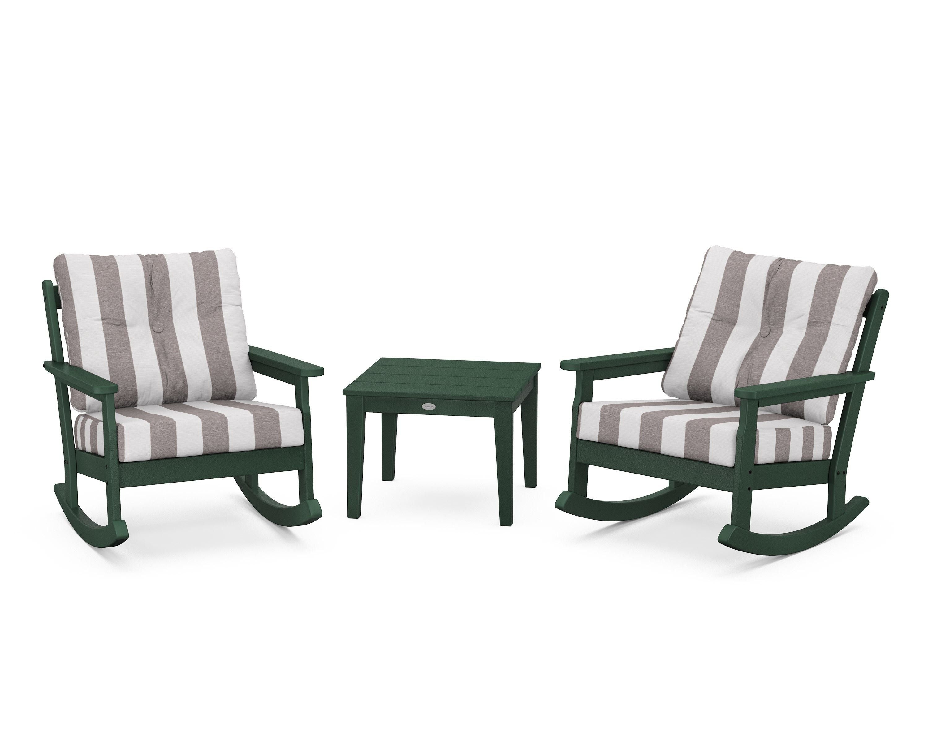 POLYWOOD® Vineyard 3-Piece Deep Seating Rocker Set in Green / Cabana Stripe Grey Mist